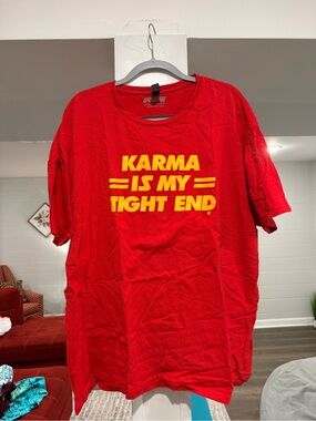 Red 'Karma Is My Tight End' Short Sleeve Tee